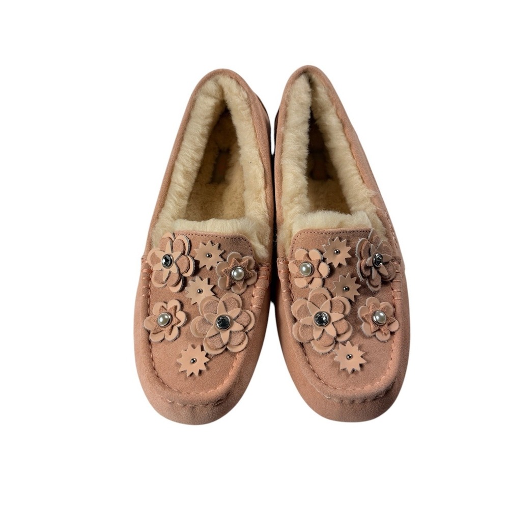 UGG Ansley Petal Tea Pink Suede Swarovski Crystal Flower Moccasins Womens 11